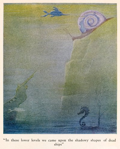 "På disse lavere niveauer stødte vi på de skyggefulde former af døde skibe" illustration fra The Voyages of Doctor Dolittle af Hugh Lofting