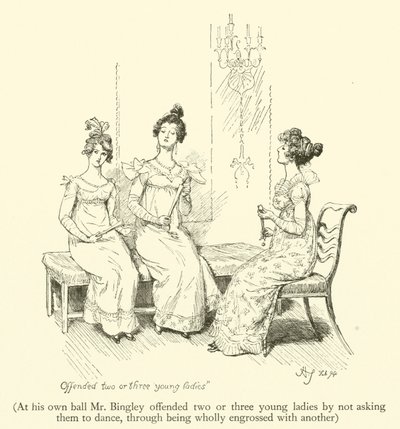 Ved sit eget bal fornærmede hr. Bingley to eller tre unge damer ved ikke at bede dem om at danse, ved at være helt opslugt af en anden (gravering) af Hugh Thomson