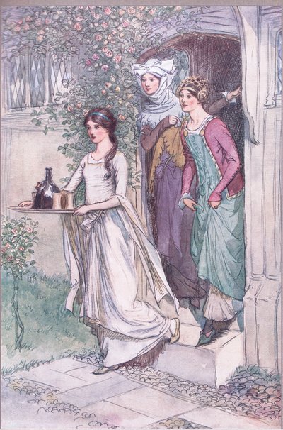 "Enter Anne Page med vin, elskerinde Ford og elskerinde Page følger", illustration fra 