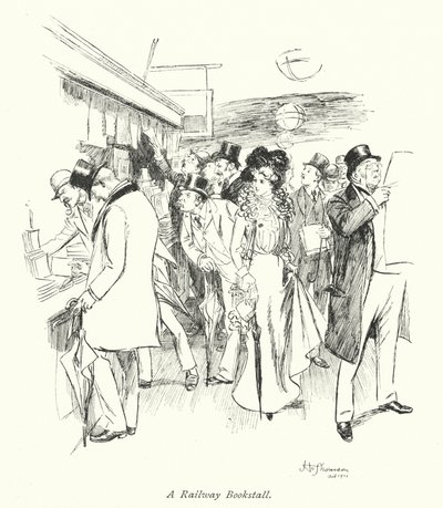 London: A Railway Bookstall (farvelitografi) af Hugh Thomson