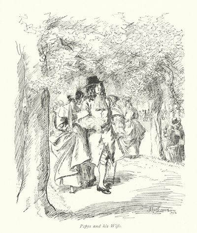 London: Pepys and his Wife (farvelitografi) af Hugh Thomson