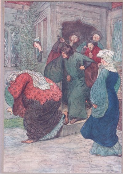 Ud af min dør du heks, illustration fra The Merry Wives of Windsor, 1910 af Hugh Thomson