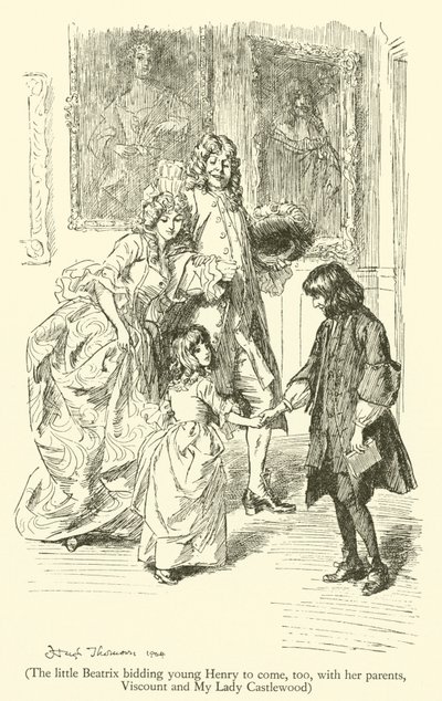 Den lille Beatrix beder unge Henry om også at komme med sine forældre, Viscount og My Lady Castlewood (gravering) af Hugh Thomson
