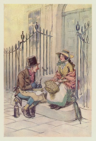 Trotty Veck, med sin datter Meg, spiste på trappen (farve litho) af Hugh Thomson