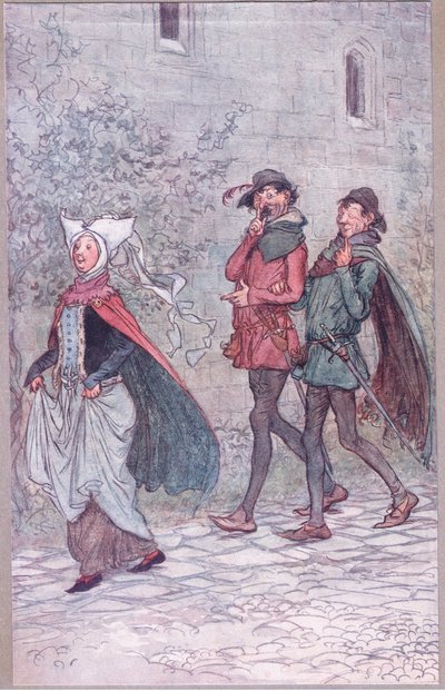 Da fru Bridget mistede håndtaget på sin fan, illustration fra The Merry Wives of Windsor, 1910 af Hugh Thomson