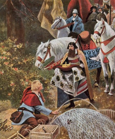 Den tyske kongekrone præsenteres for Henry the Fowler, 919 (forbedret farvelitografi) af Hugo (after) Vogel