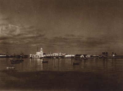 Mexico: Panorama af havnen i Vera Cruz med slottet San Juan (s/h-foto) af Hugo Brehme