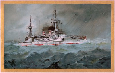 S.M.S. Linienschiff Brandenburg (våbenskjold rød ørn på hvidt skjold, S.M.S. Wörth = sort kejserørn på gyldent skjold) af Hugo Graf