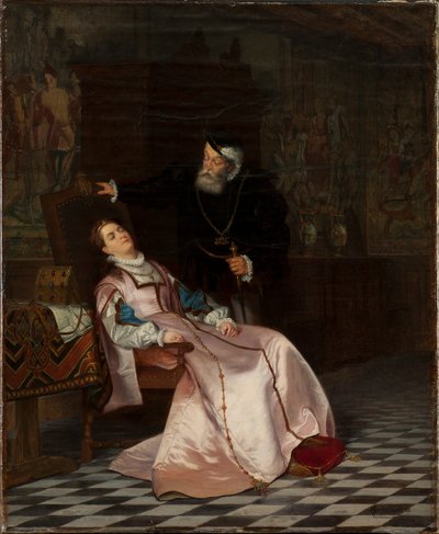 Gustav Vasa finder sin ægtefælle Catherine Stenbock sovende og hører hende sige kong Gösta jeg elsker..., 1 af Hugo Salmson