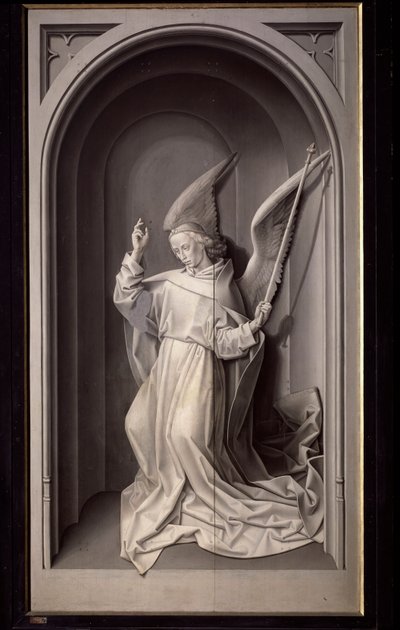 Bebudelsens engel, udvendigt panel på triptykonet Portinari - olie på panel, ca. 1475 af Hugo van der Goes