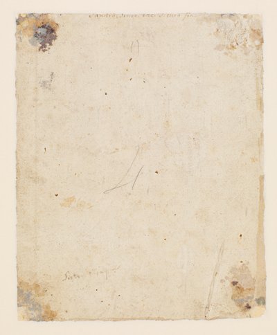 Inskription på verso: øverste midte, brunt blæk, italiensk 1700-tals hånd: "Sandro scrive che sicuro fia"; under det, brunt blæk, hånd fra det 19. århundrede: "Petro Perugino", af Hugo van der Goes