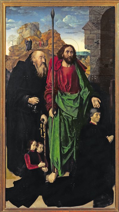 Portinari-altertavlen, Sankt Thomas og Sankt Antonius eremitten med Tommaso Portinari og de to sønner Antonio og Pigello, venstre fløj, ca.1479 af Hugo van der Goes