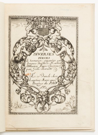 Titelside fra Diverses pièces de serruriers (Forskellige designs til låsesmede) af Hugues Brisville