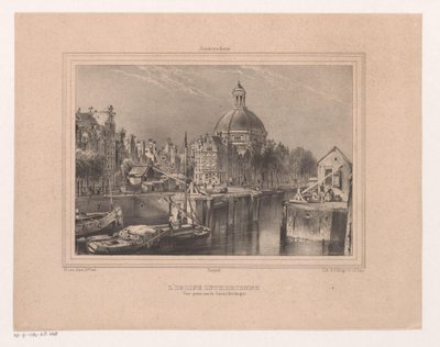 Se på de Stromarkt, het Singel og de Lutherse kirke Den lutherske kirke. Udsigt taget på kanalen (kendt som Singel) (titel på objekt) Souvenir of Amsterdam Eight Views tegnet og litograferet fra naturen af ​​H. van Hove Bz. (serietitel) af Huib van Hove Bz