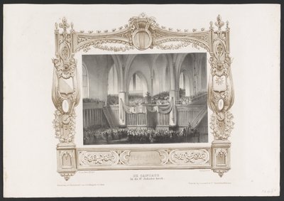 Procession med en trykpresse, 1836 Kantaten i Sankt Jakobs kirke / 17. juni 1836 (titel på objekt) Plader med fejringen af ​​det andet århundrede for Utrechtsche Hogeschool, 1836 (serietitel) af Huib van Hove Bz
