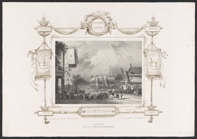 Procession med en trykpresse, 1836 Optogt van eene working Drukkerij / 15. juni 1836 (titel på objekt) Plader med fejringen af ​​det andet hundrede år for Utrechtsche Hogeschool, 1836 (serietitel) af Huib van Hove Bz