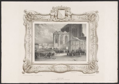 Procession fra Rådhuset til Akademibygningen, 1836 Himmelfart fra Rådhuset til Akademiet (titel på objekt) Plader med fejringen af ​​det andet århundrede for Utrechtsche Hogeschool, 1836 (serietitel) af Huib van Hove Bz