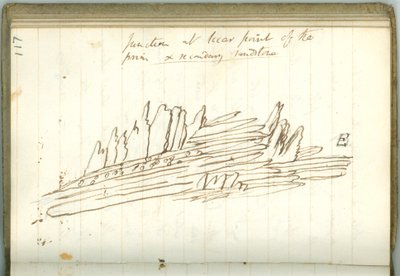 "Junction at Siccar Point of the prim und secondary sandstone", side fra Sir Humphry Davys personlige notesbog (blæk på papir) af Humphry Davy