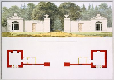 Højde- og grundplaner af foreslået ny indgangsport og hytter, fra den røde bog for Antony House, ca. 1812 (wc på papir) af Humphry Repton