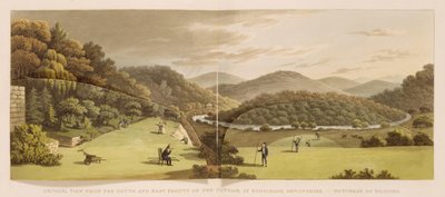 Generel udsigt fra syd- og østfacaden af sommerhuset i Endsleigh, Devon (før) fra "Fragments on the Theory and Practice of Landscape Gardening", pub. 1816 (farvelitografi) (se også 103914) af Humphry Repton