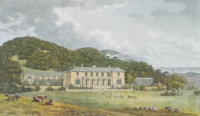 Sydfacade med vestfacade i perspektiv, fra Antony House Red Book, ca. 1812 af Humphry Repton