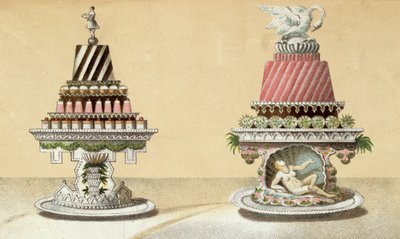 Design til præsentationen af Charlottes a la Reine & Pain de Framboises a la Leda, illustration fra en ungarsk kogebog om fransk madlavning, ca. 1880 af Hungarian School