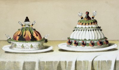 Design til præsentation af kylling fyldt med foie gras og fasanbryster tilberedt på Berthold-manér, illustration fra en ungarsk kogebog om fransk madlavning, ca. 1880 af Hungarian School