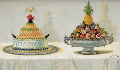 Design til præsentation af hønekylling med mayonnaise og aspic på en bund af smør og is og frugt, illustration fra en ungarsk kogebog om fransk madlavning, ca. 1880 af Hungarian School