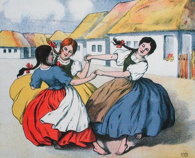 Bondedans. illustration fra et partitur af sange af Arpad Balazs, ca. 1910 (farve litho) af Hungarian School