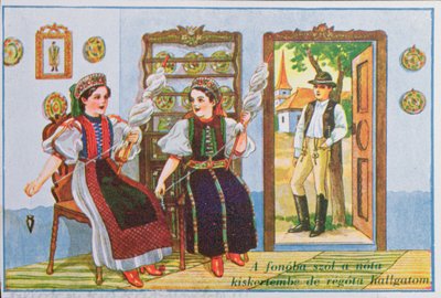 Postkort, der forestiller kvinder i traditionel ungarsk kjole, der spinder og synger den populære sang Sing a Song to the Frog, ca. 1940 af Hungarian School