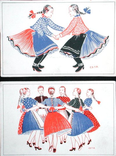 Postkort med traditionelle ungarske danse, ca. 1947-8 (farve litho) af Hungarian School