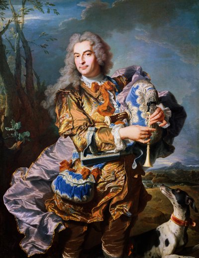 Gaspard de Gueidan spiller sækkepibe, ca 1735, af Hyacinthe Rigaud (1659-1743), olie på lærred. Detalje. Frankrig af Hyacinthe Francois Rigaud