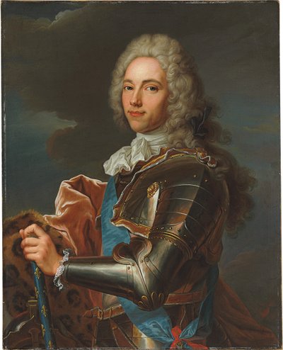 Portræt af Duc de Broglie, i skærf af Sainte Esprit-ordenen, med stafetten af en marskal af Frankrig af Hyacinthe Francois Rigaud