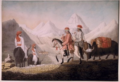 William Moorcroft og Hearsay på vejen til Lake Mansarovar (Tibet) 1812 (akvarel på papir) af Hyder Jung Hearsey