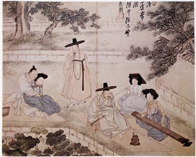 Musik, fumeri og par i en have, Korea - af Hye-Wol, Yi-dynastiet af Hyewon