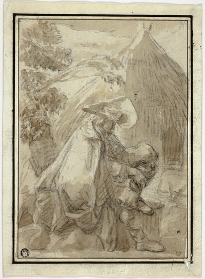 Siddende mand i kappe ved stråtækt hytte af III Follower of Herman Saftleven