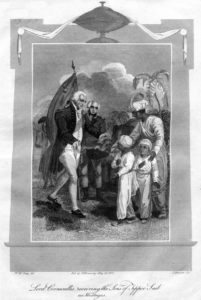 Lord Cornwallis 1738-1805 modtog sønnerne af Tippoo Saib som gidsler, 1816. af I. Brown