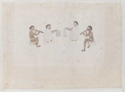 Musikere fra Tahiti. Fire Tahitianere, to klædt i hoppen, der spiller på næsefløjte; to klædt i tiputa, der slår trommer, Optaget i Joseph Banks