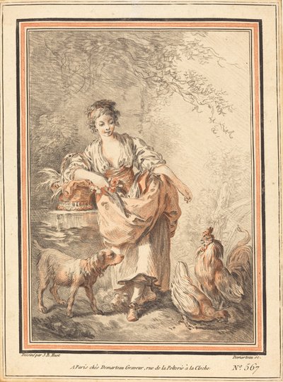Kvinde fodrer høns af I Gilles Antoine Demarteau after Jean Baptiste Hüet