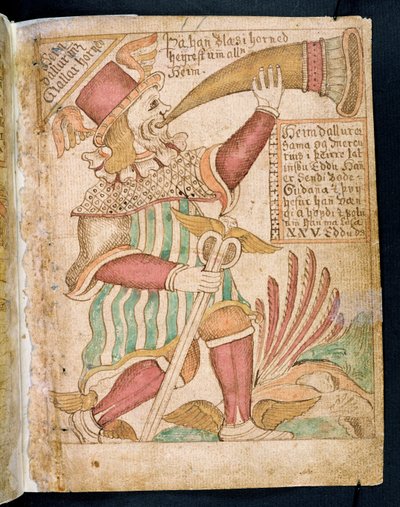Heimdal blæser sit horn før Ragnarok, fra Melsteds Edda (pen & blæk og wc på papir) af Icelandic School