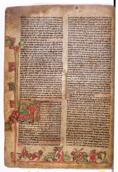 Historikert initial D i begyndelsen af Sagaen om Olaf Tryggvason, fra Flateyjarbok (The Book of Flatey) slutningen af det 14. århundrede af Icelandic School