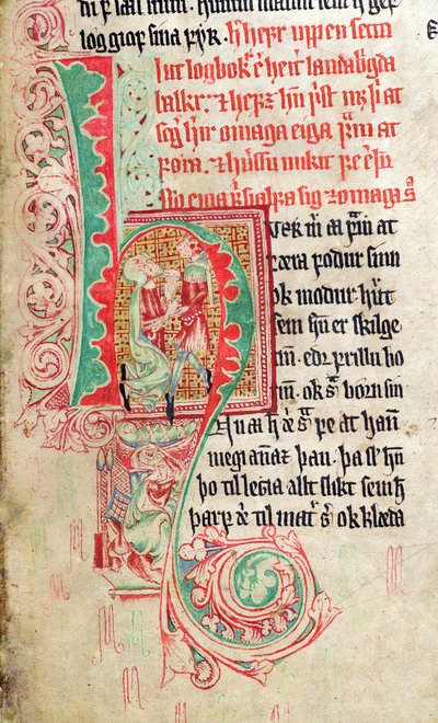 Historikert initial H, fra Skarosbok (The Book of Skard) c.1350 af Icelandic School