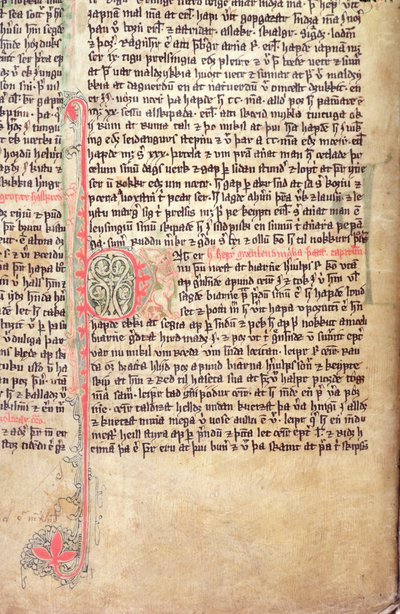 Historikert initial P i begyndelsen af Grønlændernes saga, fra Flateyjarbok (Bogen om Flatey) slutningen af det 14. århundrede af Icelandic School