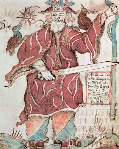 Odin med sine to krager, Hugin (tanke) og Munin (hukommelse) af Icelandic School
