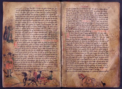 To illustrerede sider fra en kopi af den originale Jonsbok-lovsamling fra det 13. århundrede af Icelandic School