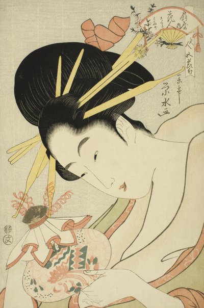 Courtesanen Hanahito fra Ogiya og ledsagerne Sakura og Momiji, fra serien Beauties of the Five Festivals af Ichirakutei Eisui