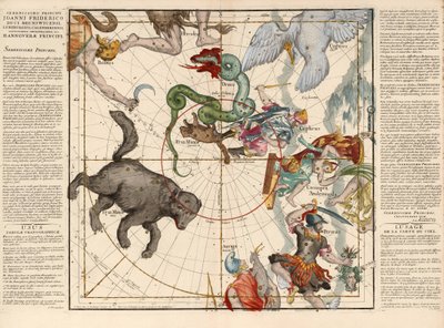 Nordpolen, plade 1 fra Globi coelestis in tabulas planas redacti descriptio, pub. 1674 (håndkoloreret gravering) af Ignace Gaston Pardies