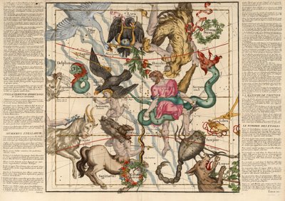 Winter Solstice , Plade 5 fra beskrivelsen af ​​den himmelske klode i flade borde, pub. 1674 (håndfarvet gravering) af Ignace Gaston Pardies
