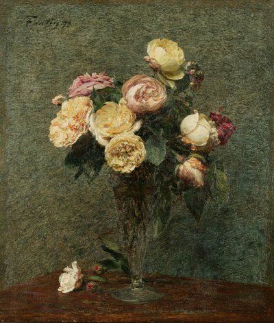Stilleben: Roser i en glasvase af Ignace Henri Jean Fantin-Latour