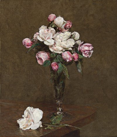 Lyserøde og hvide roser i en champagnefløjte, 1874 af Ignace Henri Jean Fantin Latour